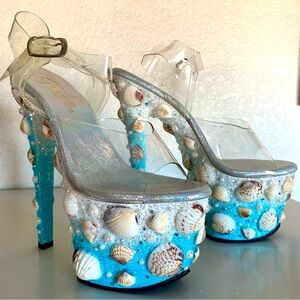 Mermaid Glitter Platform Sea Shell High Heel Pleaser Shoes 7" Heel size 5